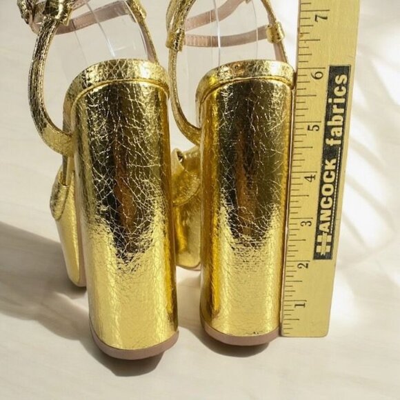 Lulus Bow Platform Ankle Strap Heels Gold Metallic Size 7M - Picture 8 of 13